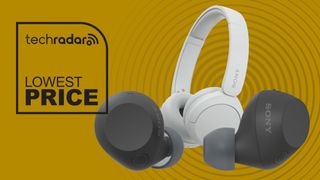 Sony earbuds and headphones with a badge saying 'Lowest Price'
