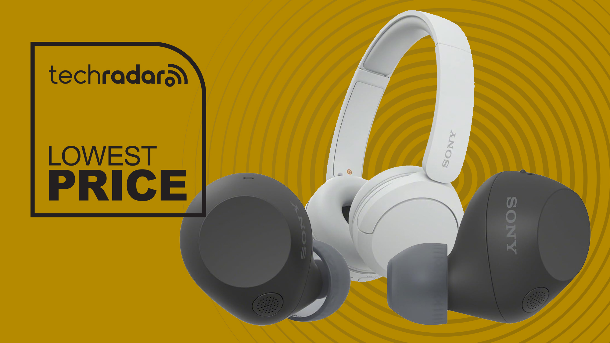 Sony earbuds and headphones with a badge saying 'Lowest Price'