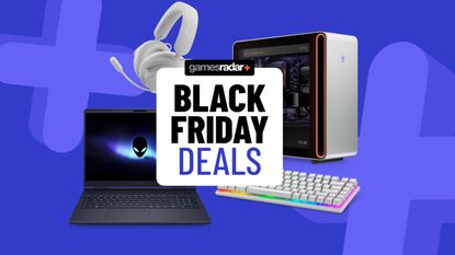 Alienware gaming PC, laptop, keyboard, and headset on a blue background with Black Friday deals badge