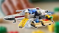 A Lego X-Wing being worked on by a mechanic, with a white outline and a blurred background