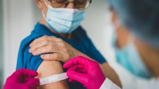 A doctor places a bandaids on a patient's arm after giving them a shot