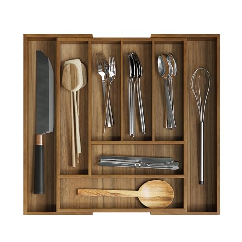 Smuxee Acacia Wood Kitchen Silverware Drawer Organizer, 8 Compartment Utensil Holder, Kitchen Drawer Divider for Silverware and Kitchenware