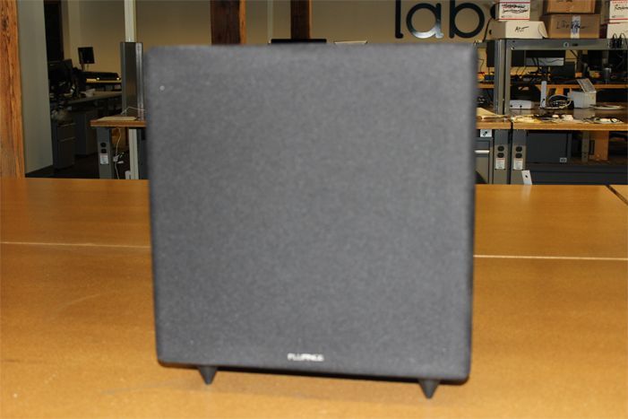 The black grille cloth covers the Fluance DB12&rsquo;s entire front panel.