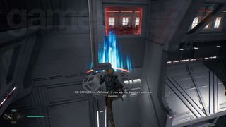 Star Wars Jedi Survivor Nova Garon Cal grappling and leaping to a red forcefield barrier inside the hangar