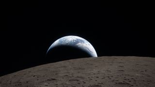 The Earth sets over the lunar surface in this photograph taken by Artemis II astronauts