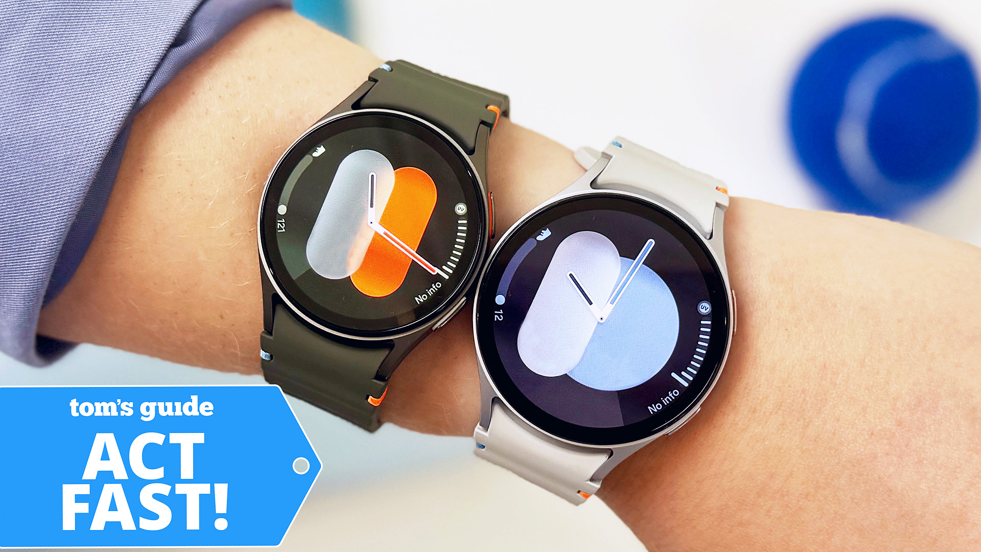 Close up of the Samsung Galaxy Watch 7 in 40mm and 44mm on a user's wrist with a Tom's Guide "Act Fast!" deal badge to the left