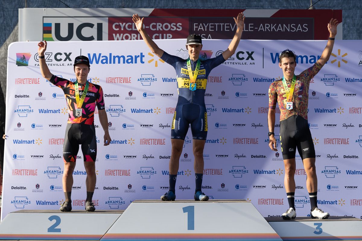 Men's Podium: winner Lander Loockx (Deschacht - Hens - Maes) in centre, Timon Ruegg (Cross Team Legendre / Vc Steinmaur) 2nd, Curtis White (Steve Tilford Foundation Racing) 3rd