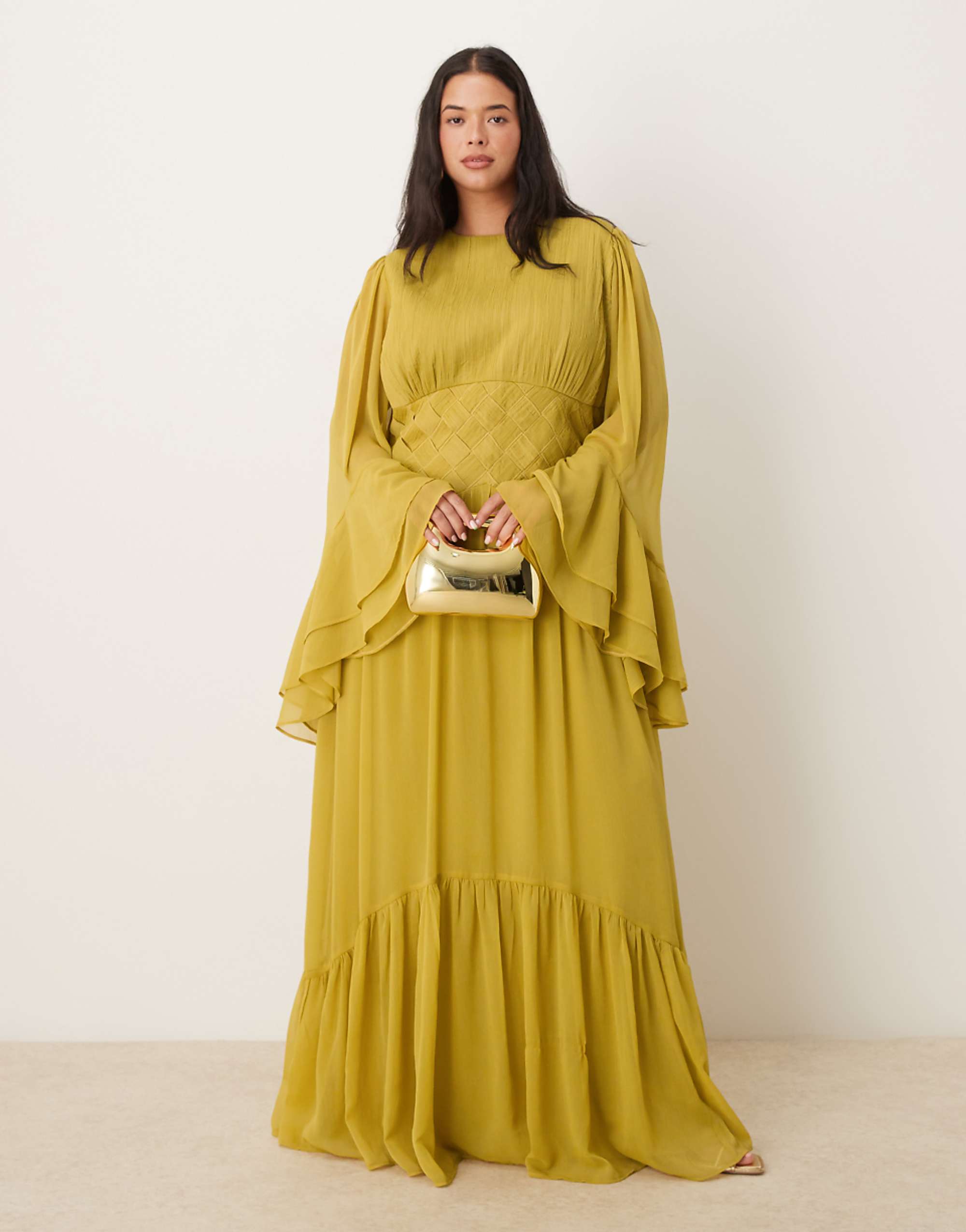 Asos Design Curve Long Sleeve Chiffon Maxi Dress With Cross Stitch Waist Detail in Soft Olive Green