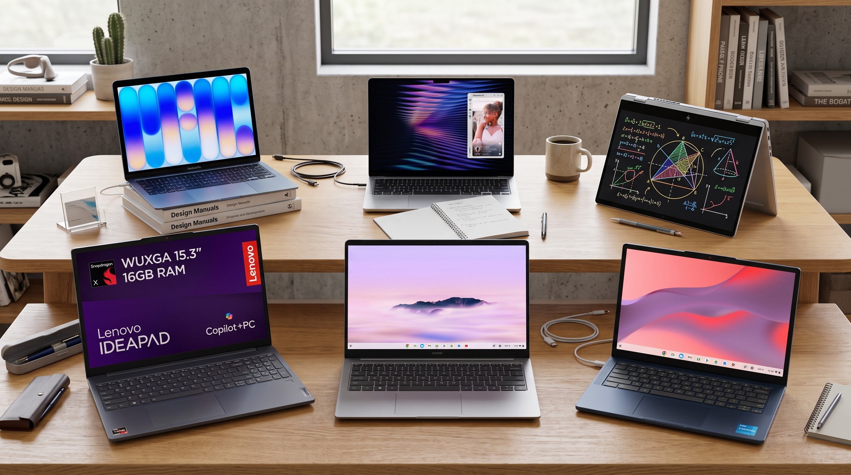 A collage of several laptops from Apple, Lenovo, HP, Asus, and Acer sat side by side across a wooden desk with shelves stacked with books and a window looking out onto a grassy field in the background.