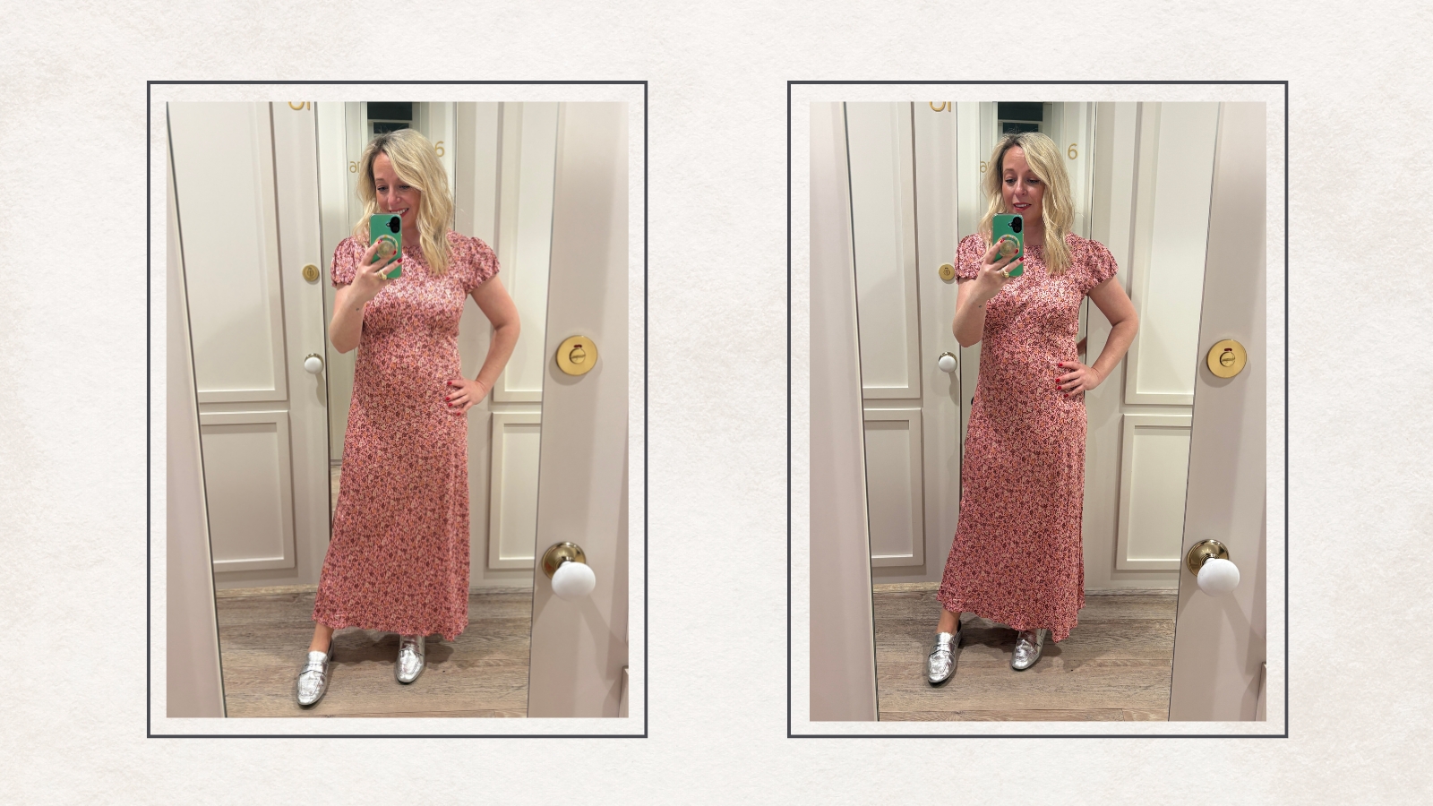 Antonia Kraskowski trying on the Willow pink midi dress, Nobody's Child