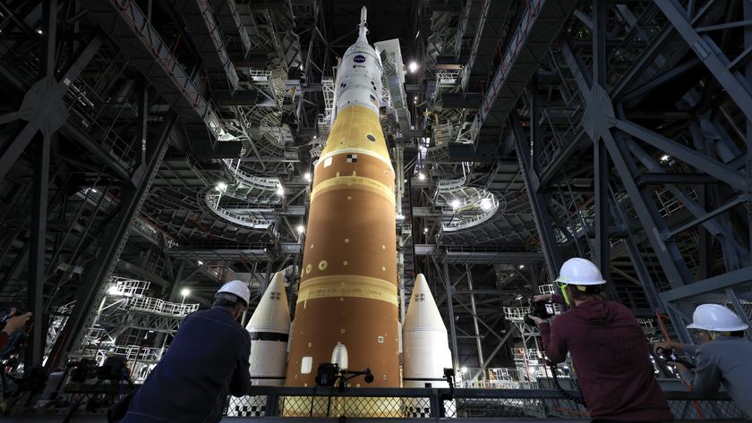 A photo of Artemis II in the Vehicle Assembly Building at NASA&rsquo;s Kennedy Space Center.