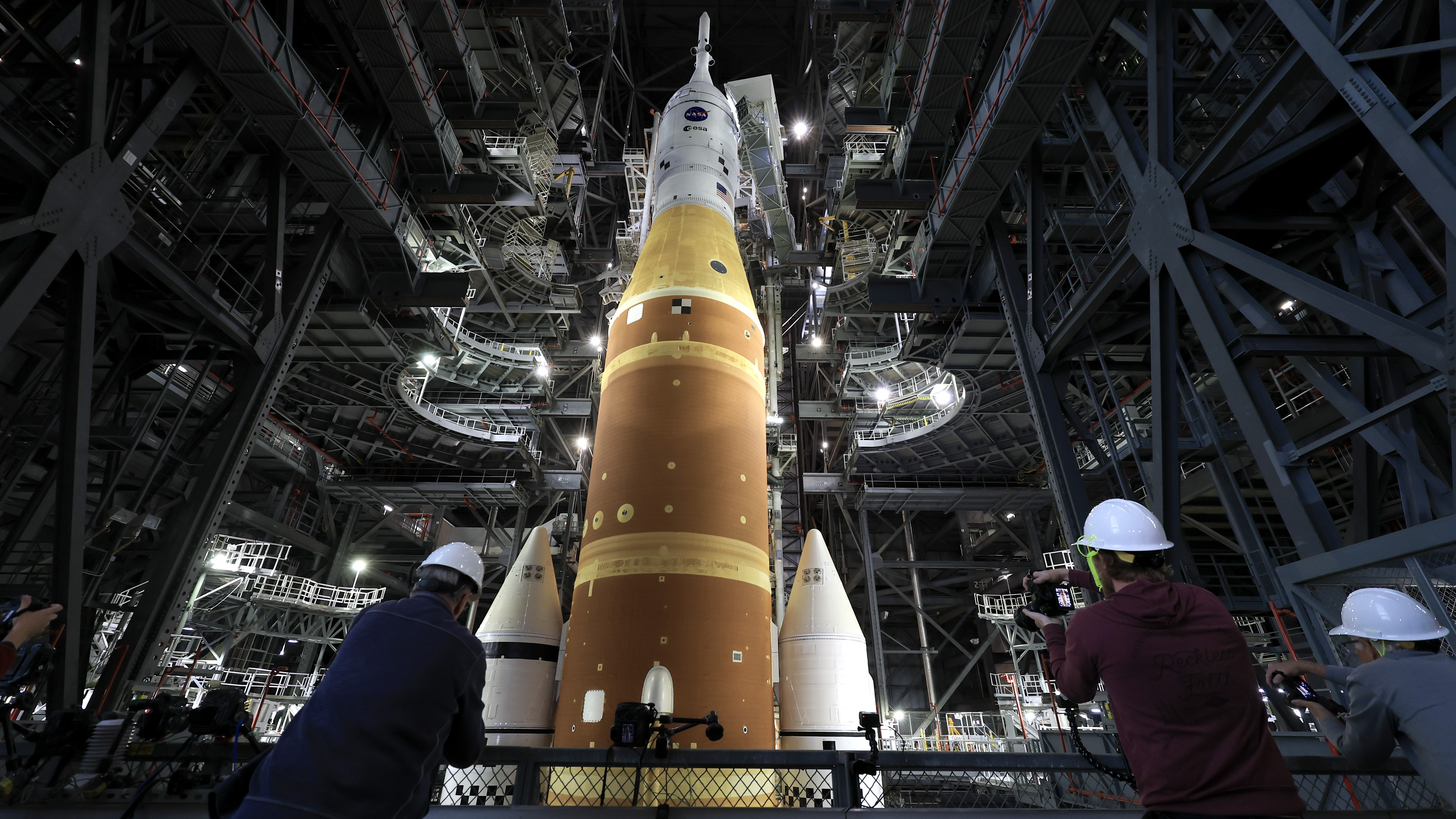 A photo of Artemis II in the Vehicle Assembly Building at NASA&rsquo;s Kennedy Space Center.