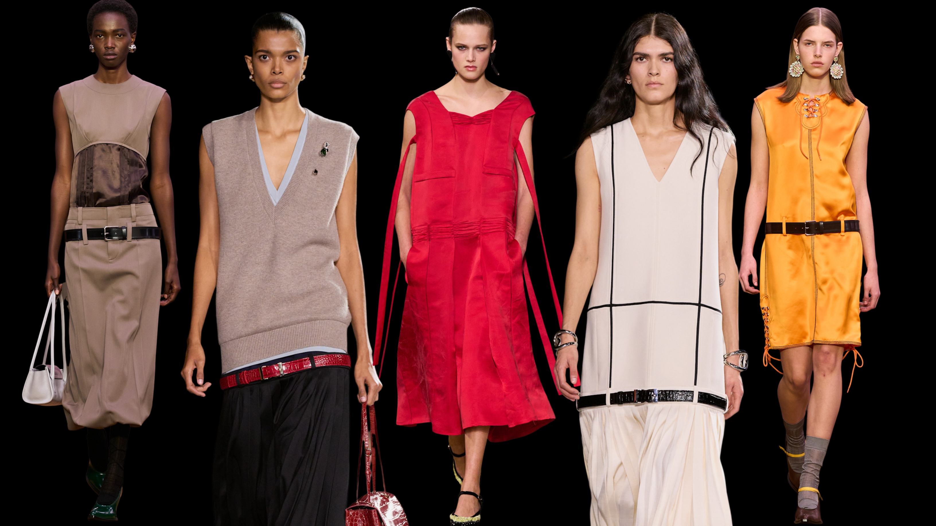 collage of women on the fall 2026 runways wearing drop-waist dresses and skirts 