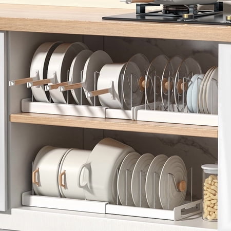 Teamd Expandable Pot Lid Organizer,expandable Pot and Pan Organizer for Cabinet,dish Drainboard, and Pull-Out Drawer,plates, Platters, Bakeware,white