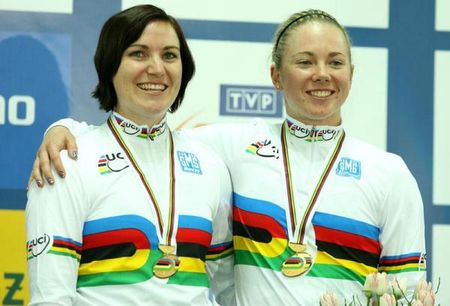 Aussie women Anna Meares and Kaarle McCulloch celebrate their team sprint world championship.