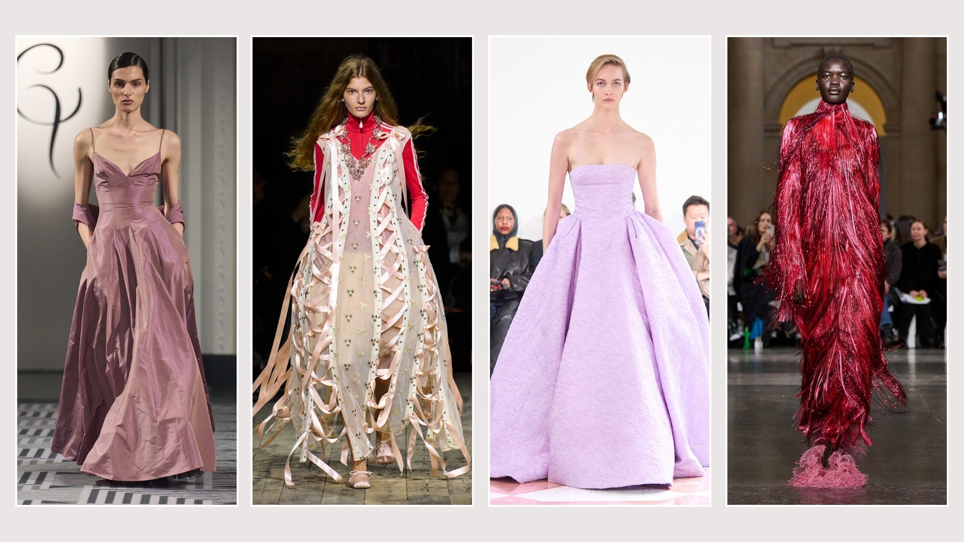 Collage of runway images from London Fashion Week AW/26. Dresses at Conner Ives, Simone Rocha, Emilia Wickstead and Erdem.
