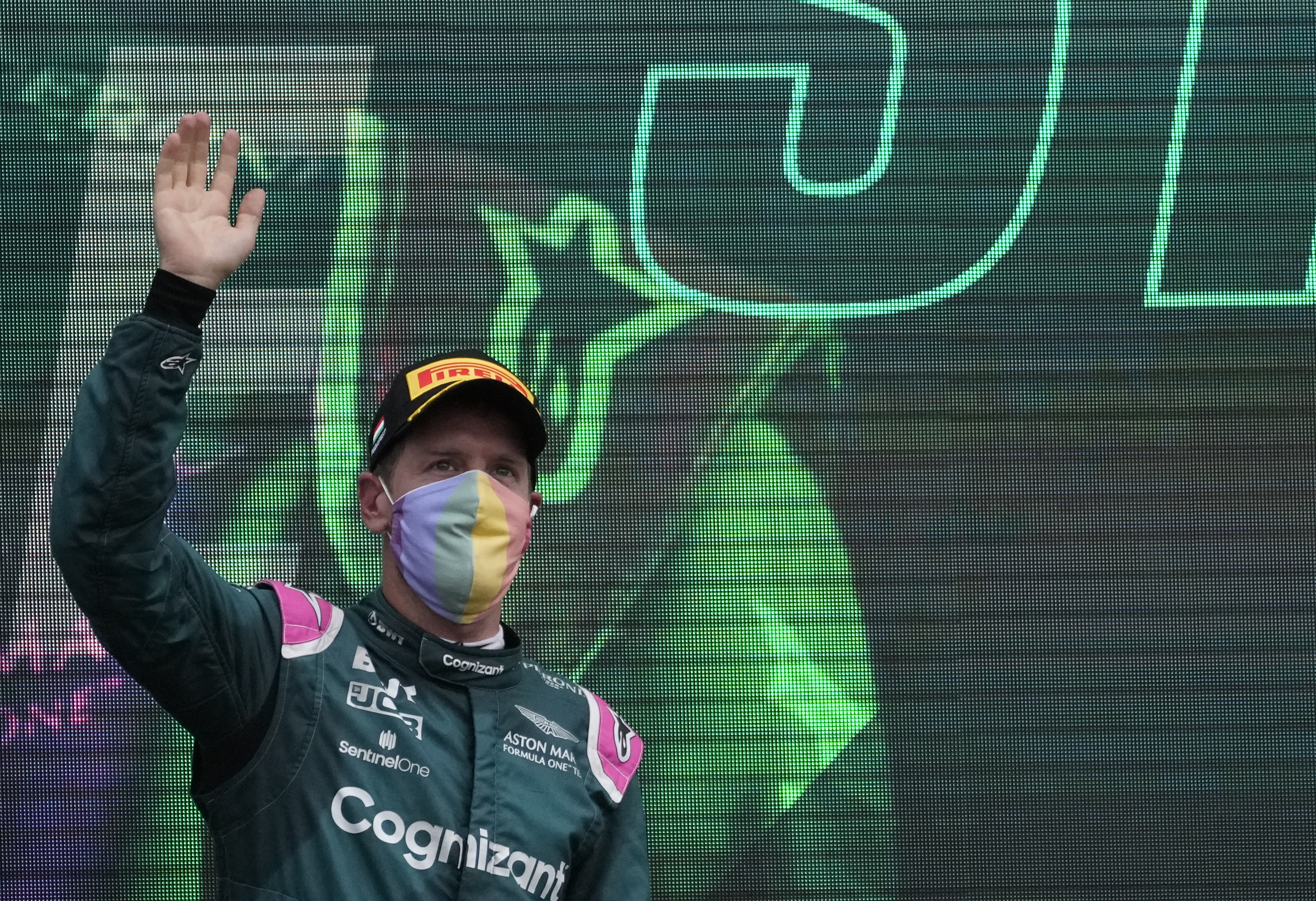 Sebastian Vettel pictured wearing a rainbow-coloured face covering at the Hungarian Grand Prix earlier this month