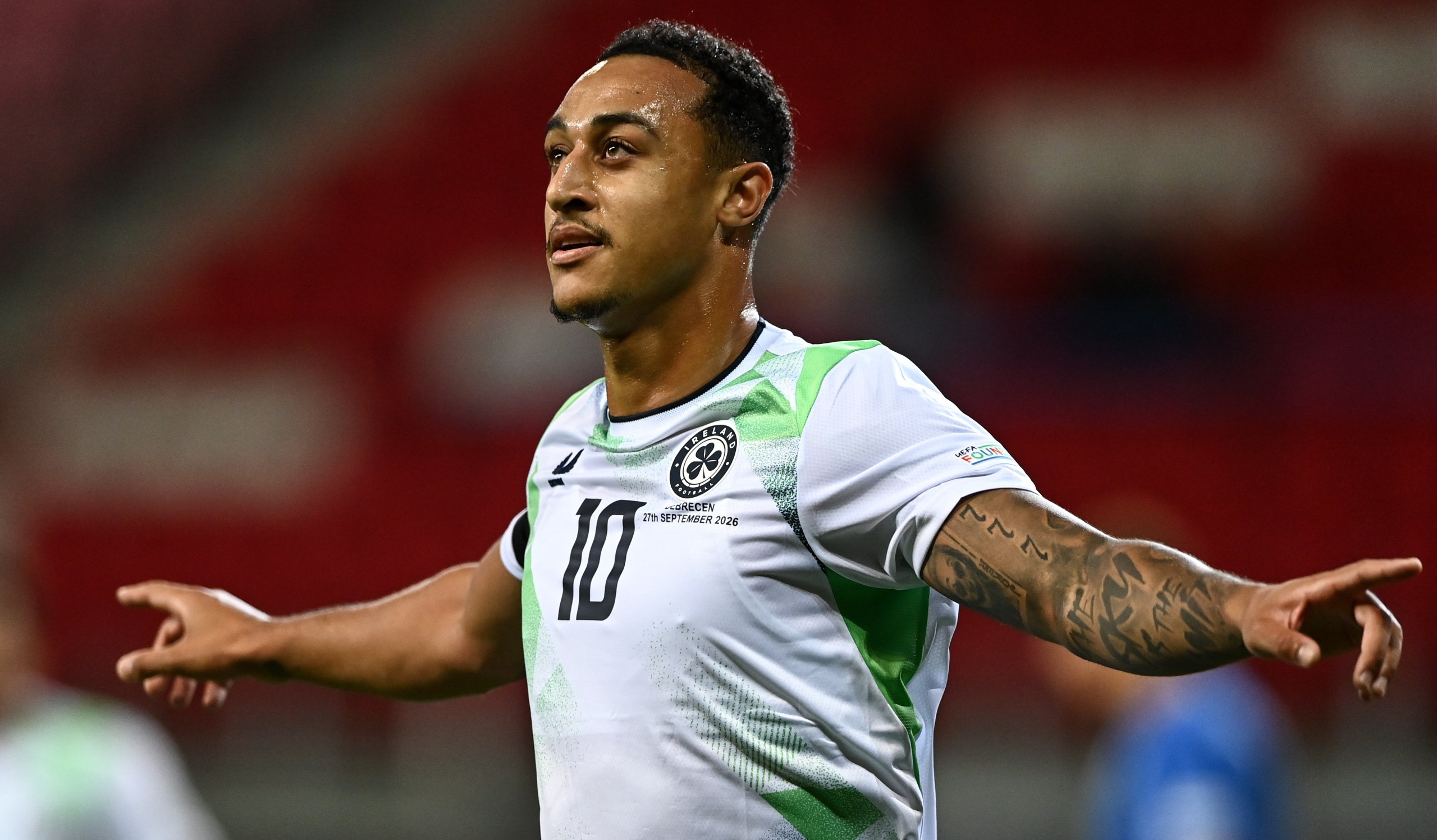 Adam Idah of Republic of Ireland celebrates after scoring his side's second goal of the UEFA Nations League B match between Israel and the Republic of Ireland at Nagyerdei Stadion in Debrecen, Hungary