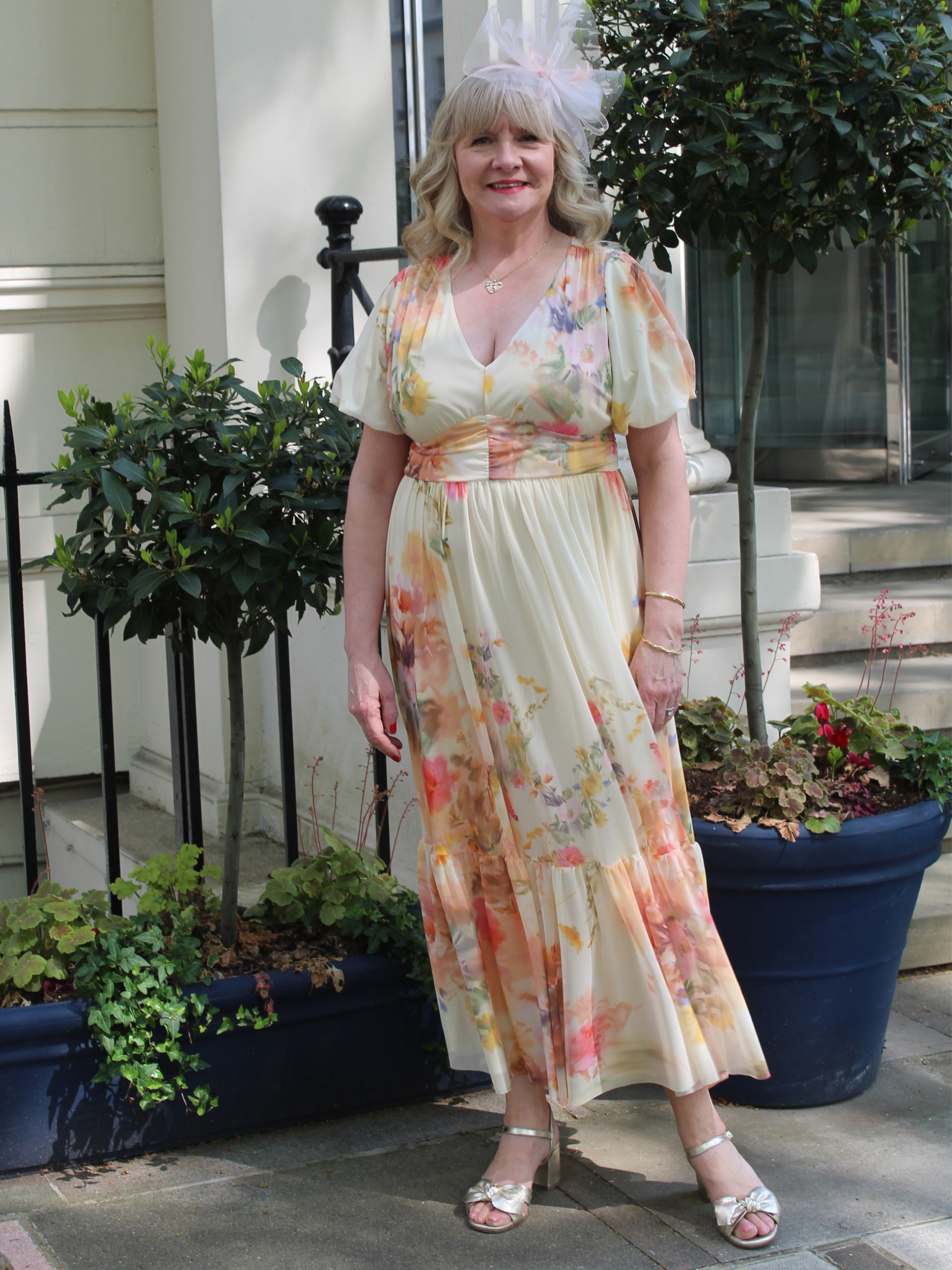 Julie Player wearing Next, Off White Smudge Floral Print Mesh Pleated Puff Sleeve Waist Detail Occasion Midi Dress