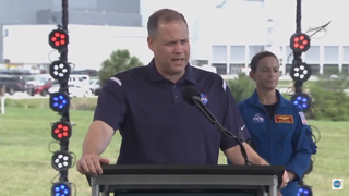 NASA Administrator Jim Bridenstine spoke under sunny skies at Kennedy Space Center in Florida about the weather's potential impact on SpaceX's Demo-2 launch.