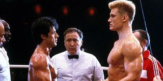Sylvester Stallone and Dolph Lundgren facing off in Rocky IV