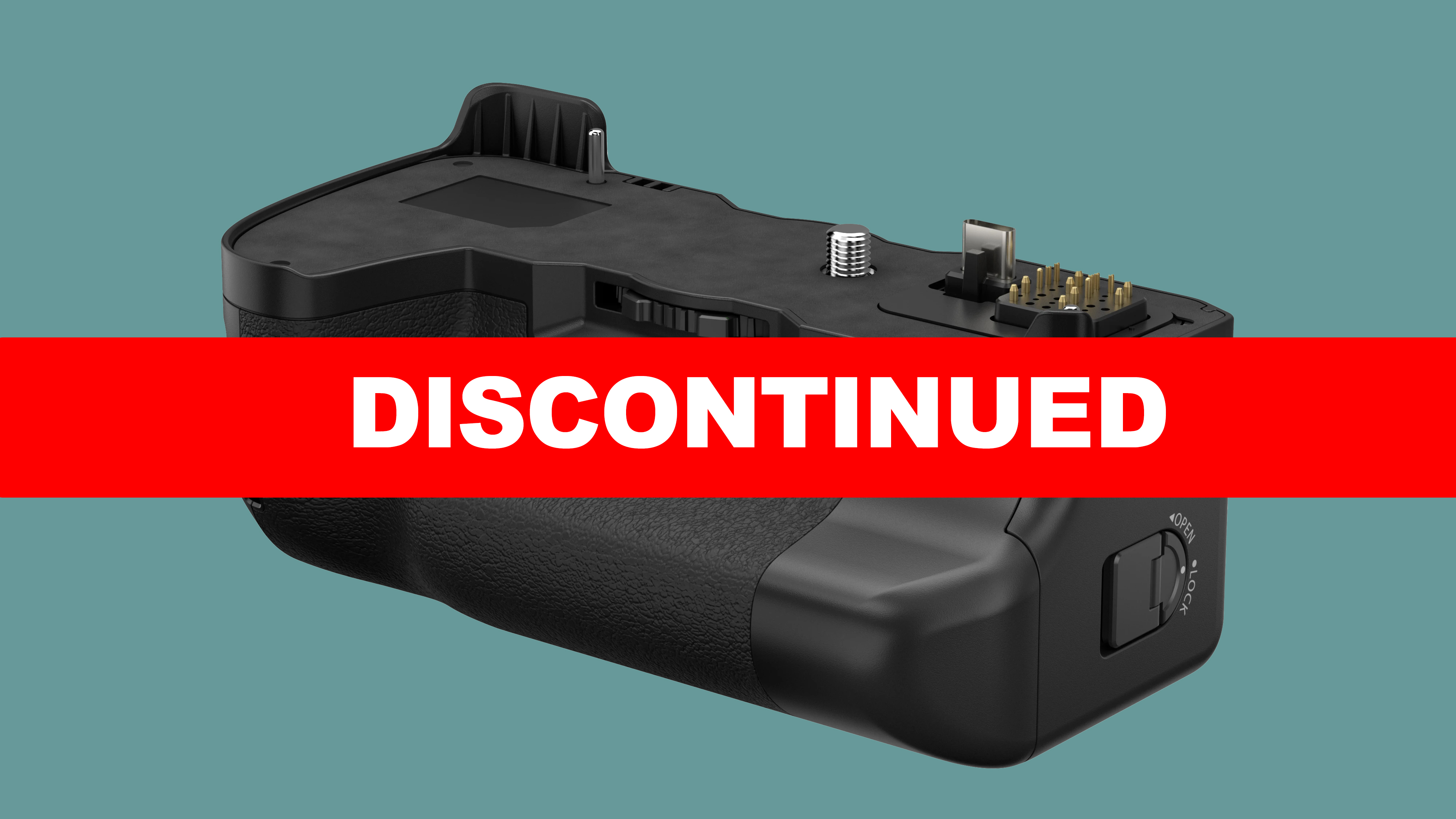 A photo of the Fujifilm VG-XH vertical battery girp for the X-H2 and X-H2S with the words discontinued