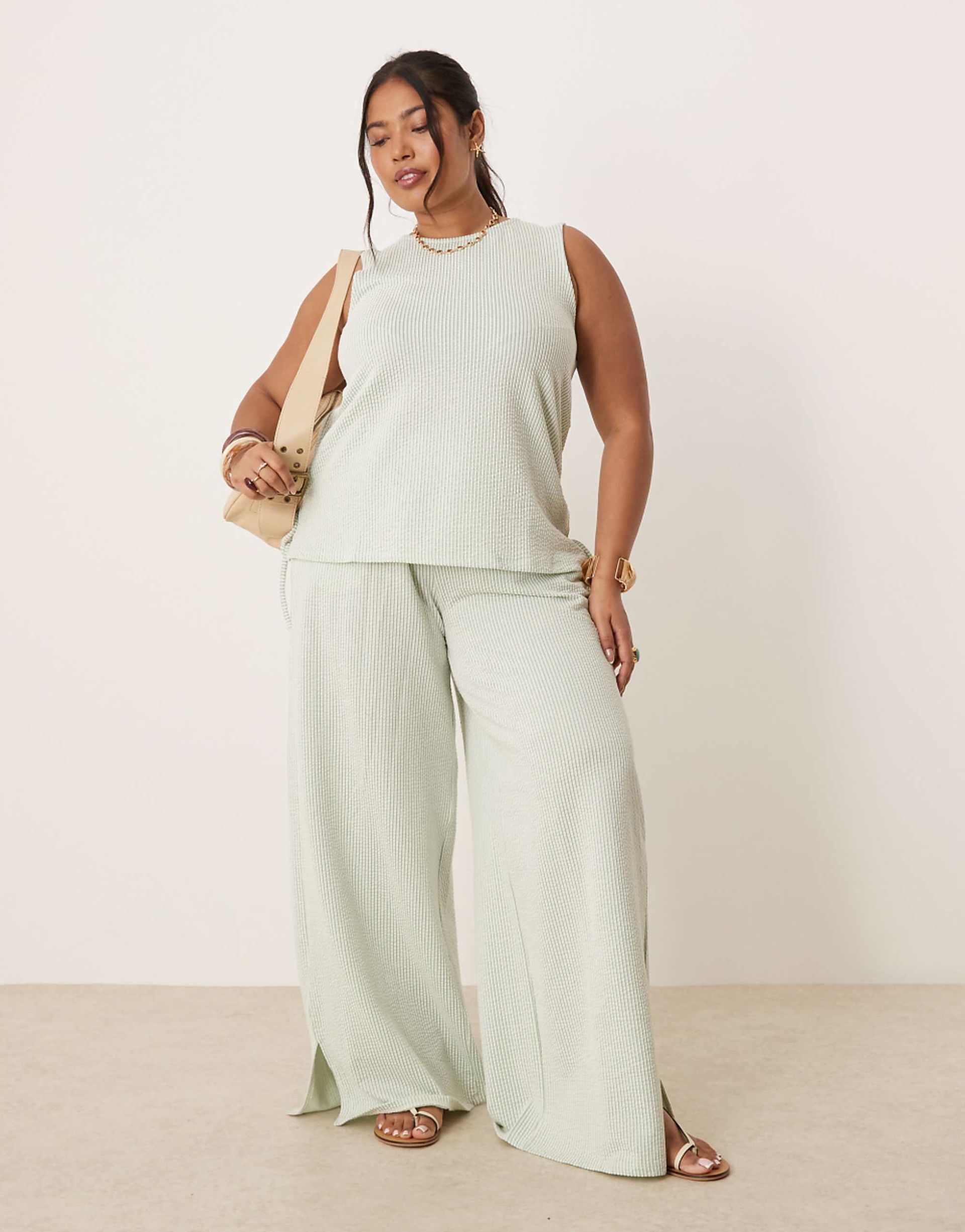 Vila Curve Textured Wide Leg Pants in Green and Cream Stripe - Part of a Set