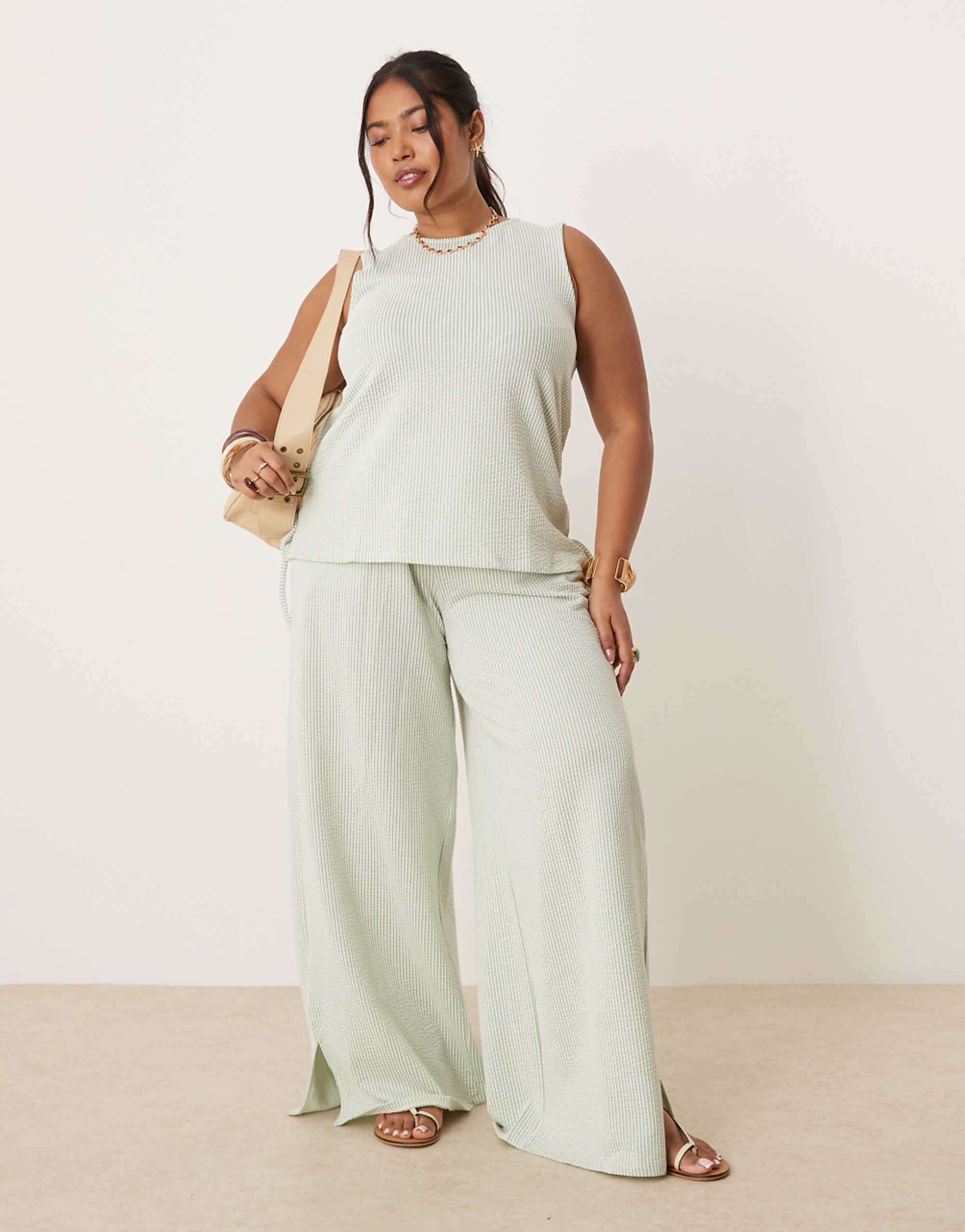 Vila Curve Textured Wide Leg Pants in Green and Cream Stripe - Part of a Set