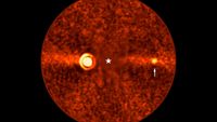 This image, taken with ESO’s Very Large Telescope (VLT) shows Beta Pictoris d, a new planet found orbiting the star Beta Pictoris. The star is at the centre of the frame, and was subtracted when processing the data, revealing the environment around it. The new planet, indicated with an arrow, is the third one found around this star. The other two are Beta Pictoris b –– the bright source to the left, and Beta Pictoris c, orbiting much closer to the star and not seen here. The image was taken with the ERIS instrument at the VLT. Based on its infrared brightness and colour, the new planet appears to be a gas giant, about 2.4 times more massive than Jupiter. The diffuse horizontal band in this image is a debris disc around the star, seen here edge-on, the leftover material of planetary formation.