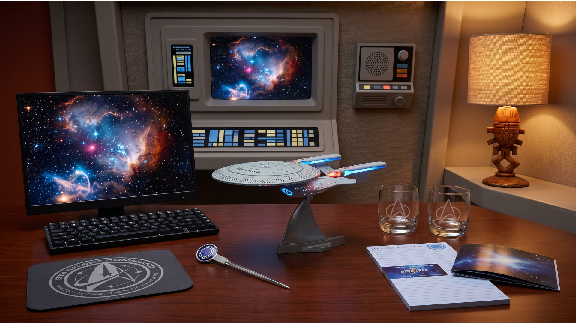 A selection of Star Trek themed home office gear and gadgets on a desk aboard the original Enterprise
