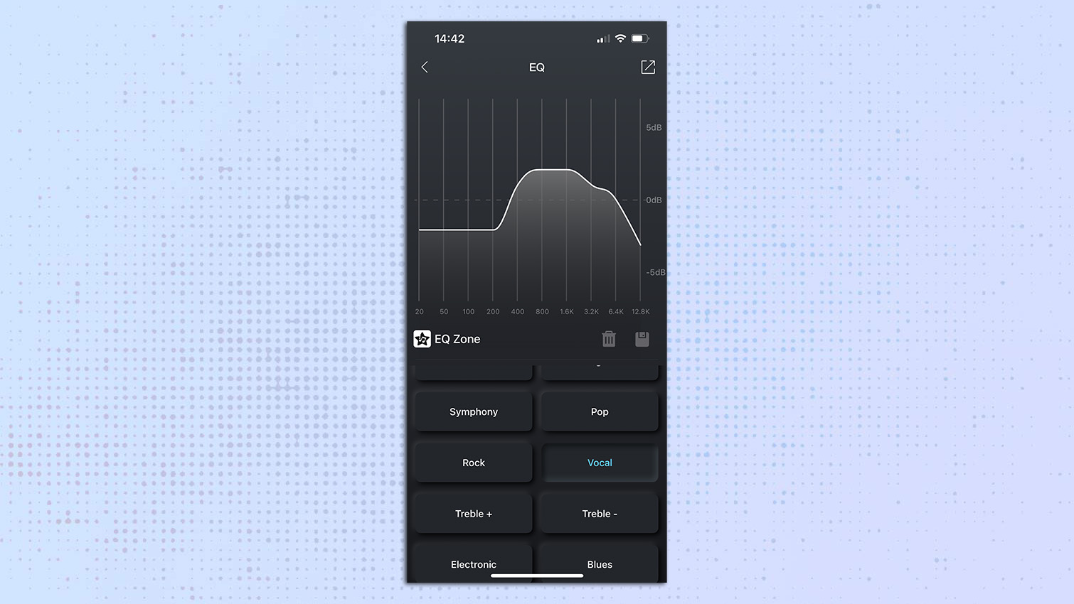 Screenshot from the Tozo app for the Tozo PE1 Bluetooth speaker showing the vocal eq settings