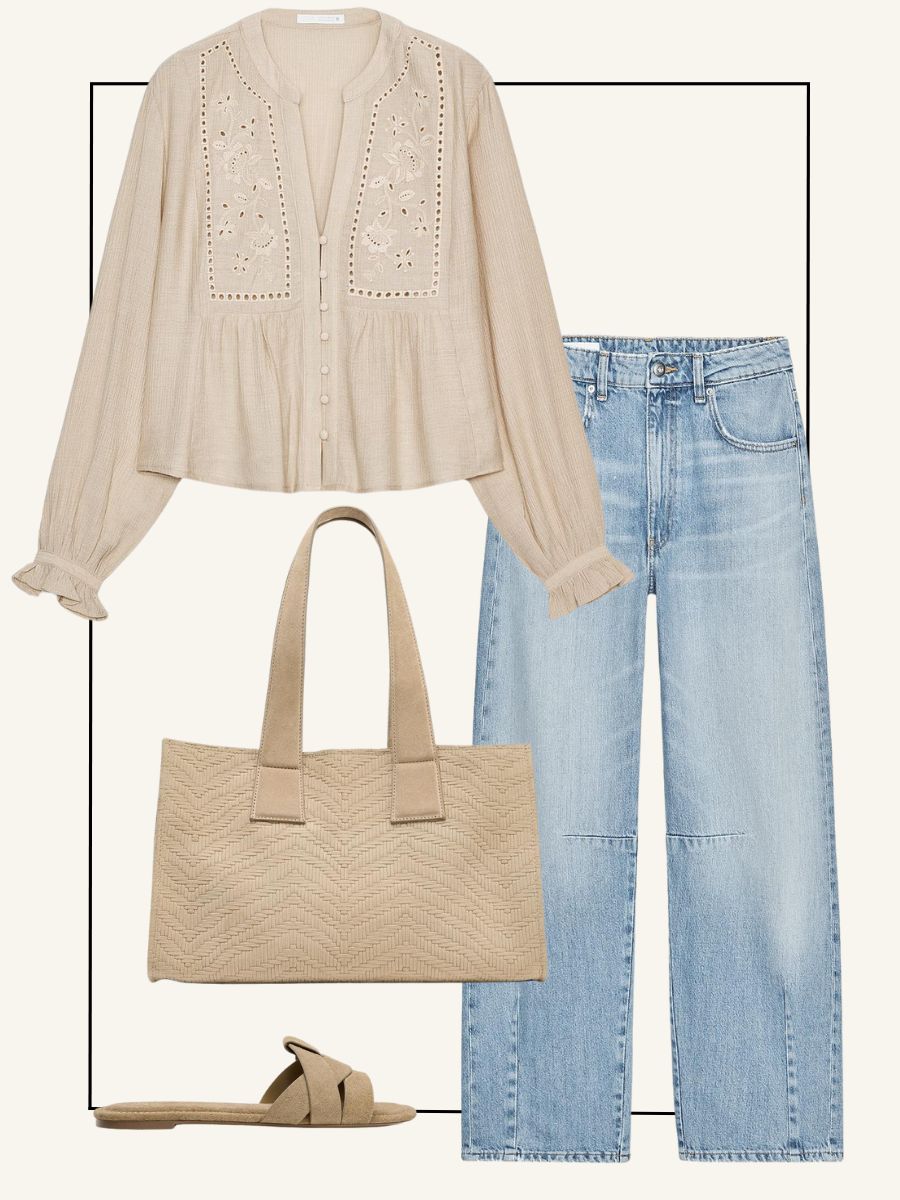 Blouse, jeans, suede sandals and suede tote bag from Zara