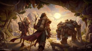 Project Fantasy concept art showing three adventurers leaving a cave in a lush fantasy land