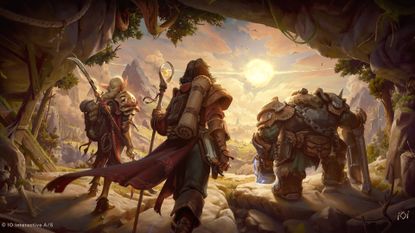 Project Fantasy concept art showing three adventurers leaving a cave in a lush fantasy land