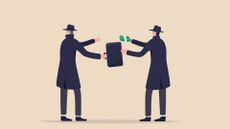 Fraudulent business deal concept image showing two men in top hats and costs exchanging money and a briefcase, with one looking away.
