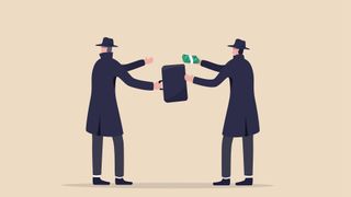 Fraudulent business deal concept image showing two men in top hats and costs exchanging money and a briefcase, with one looking away.