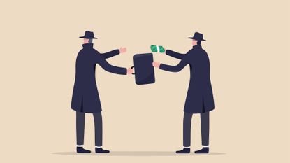 Fraudulent business deal concept image showing two men in top hats and costs exchanging money and a briefcase, with one looking away.
