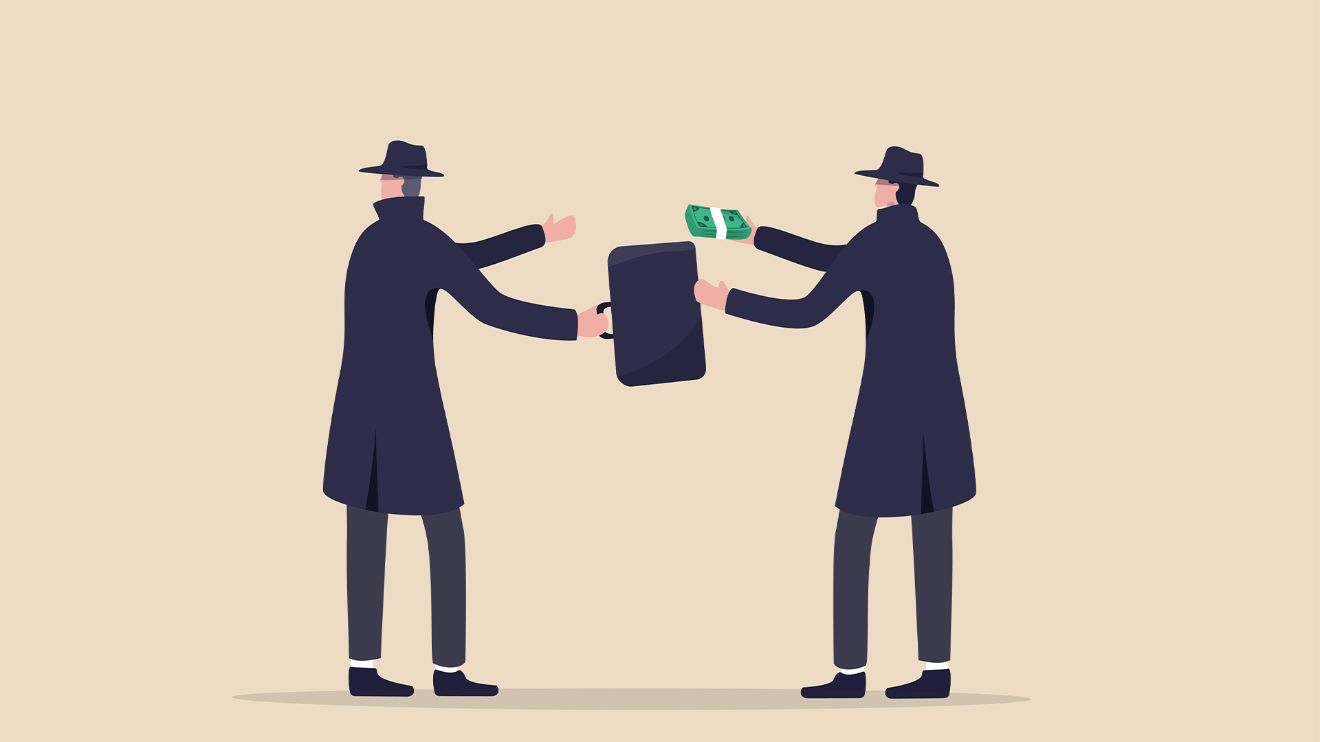 Fraudulent business deal concept image showing two men in top hats and costs exchanging money and a briefcase, with one looking away.