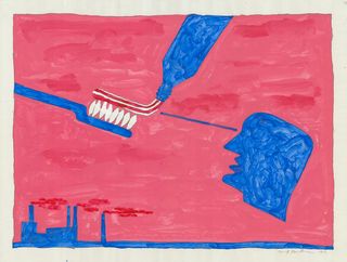 Red & blue painting of a toothbrush & toothpaste
