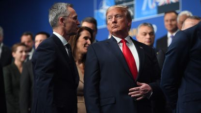 Secretary General of NATO Jens Stoltenberg and Donald Trump onstage during the annual NATO heads of government summit on December 4, 2019 in Watford, England.