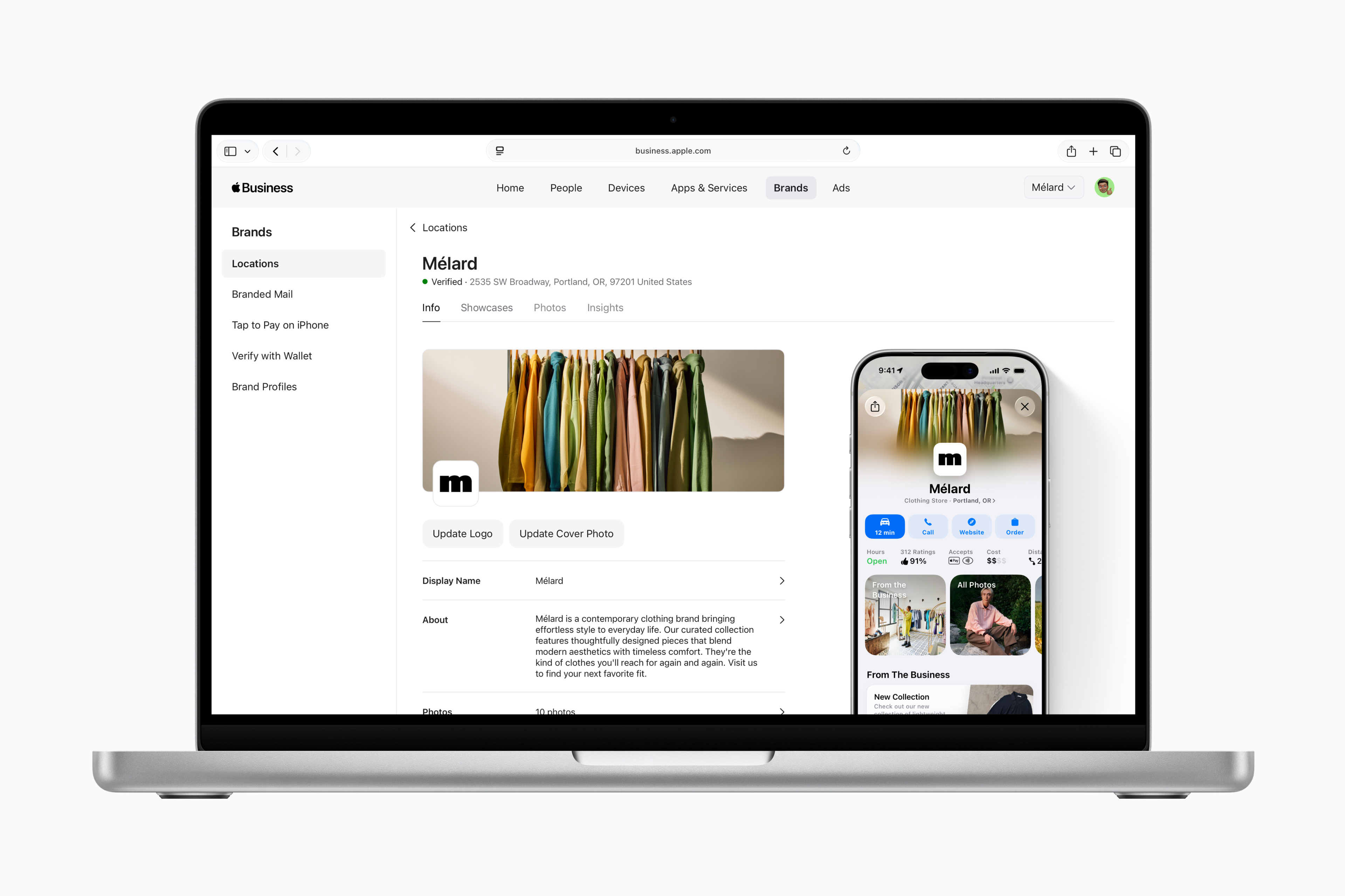 Apple Business suite application features pictured on a MacBook screen.