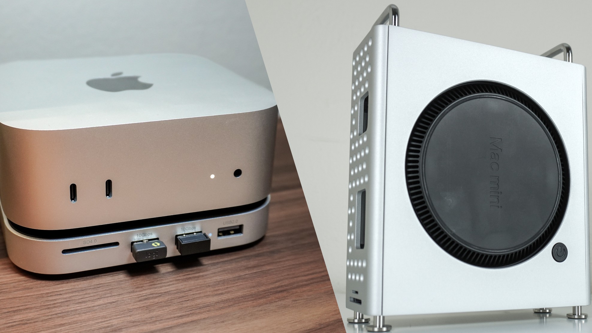 A side by side shot showing Satechi's Mac mini M4 hub and stand and Orico's Mac Pro-style case for the Mac mini M4