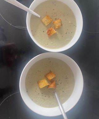 Two bowls of homemade soup using the Ninja Foodi Blender & Soup Maker