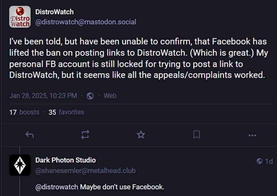 DistroWatch socials on the web