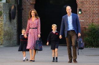 Princess Charlotte, with by her father, the Duke of Cambridge, and mother, the Duchess of Cambridge and Prince George, arriving for her first day of school at Thomas's Battersea in London on September 5, 2019 in London, England.