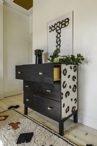 upcycled chest of drawers with animal print design