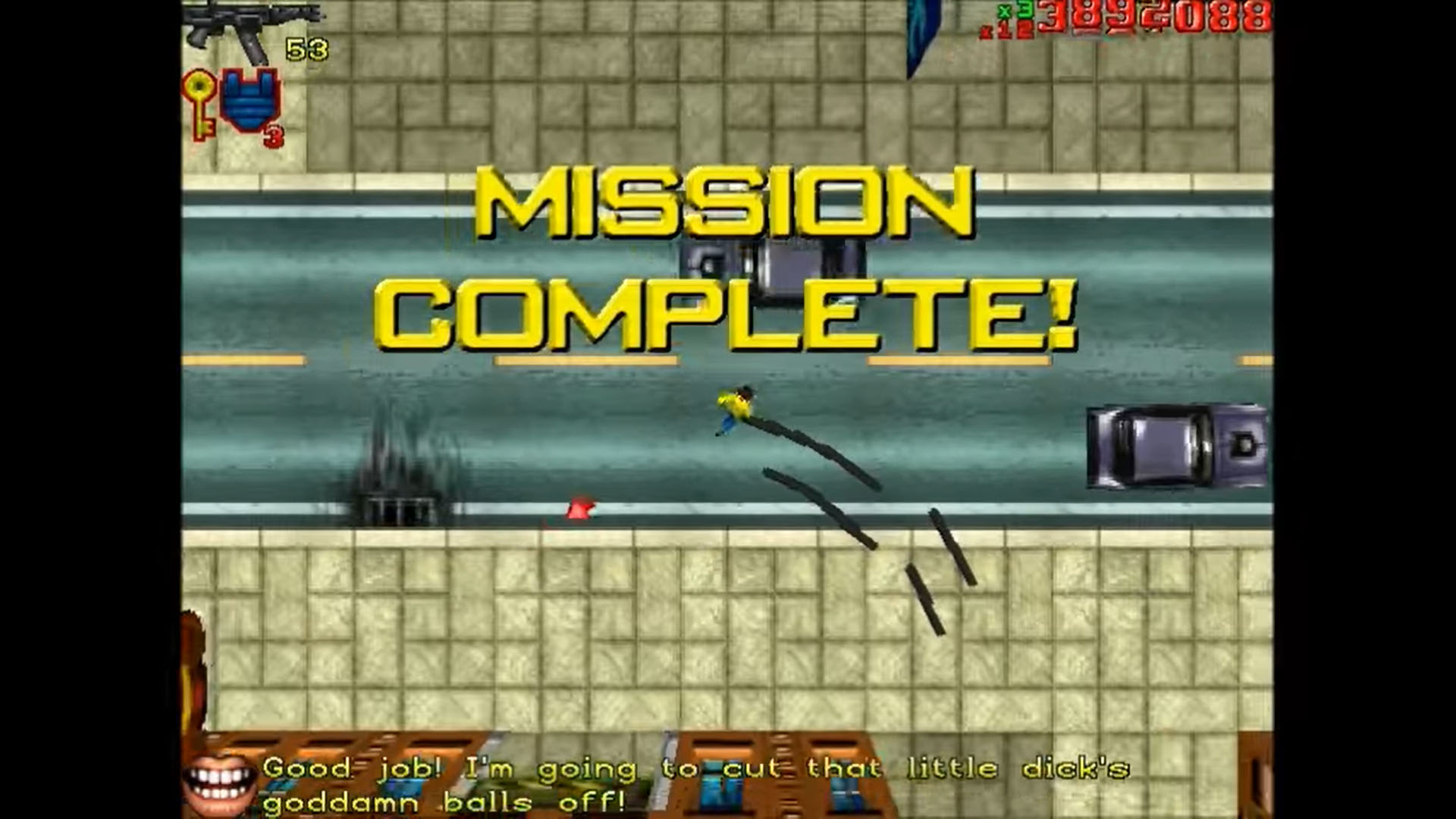 The mission complete screen in GTA