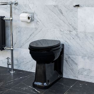 toilet with black coloured and white tiles on wall