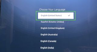 the fire tv setup screen asking to choose the language of your preference