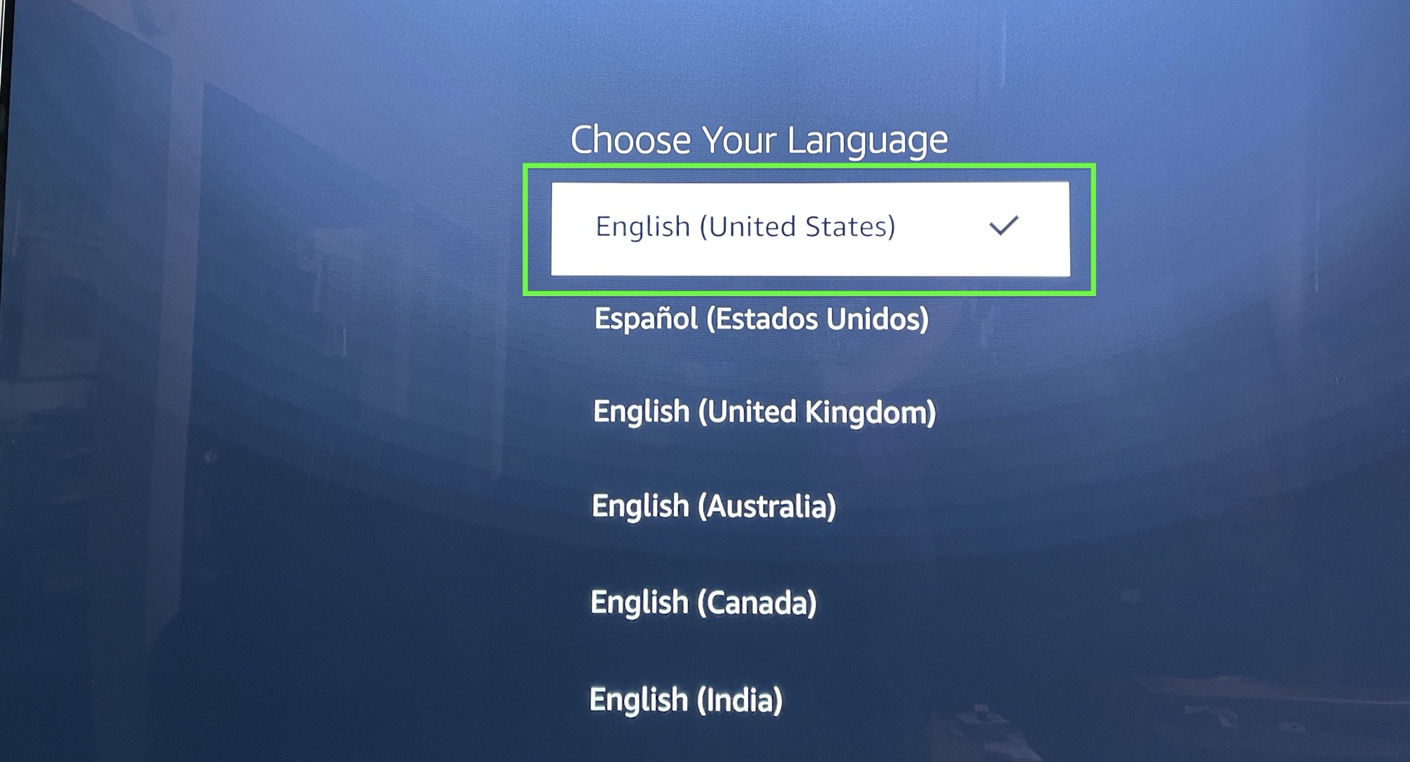 the fire tv setup screen asking to choose the language of your preference